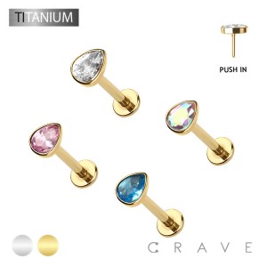 IMPLANT GRADE TITANIUM THREADLESS PUSH IN BEZEL SET TEARDROP CZ TOP LABRET